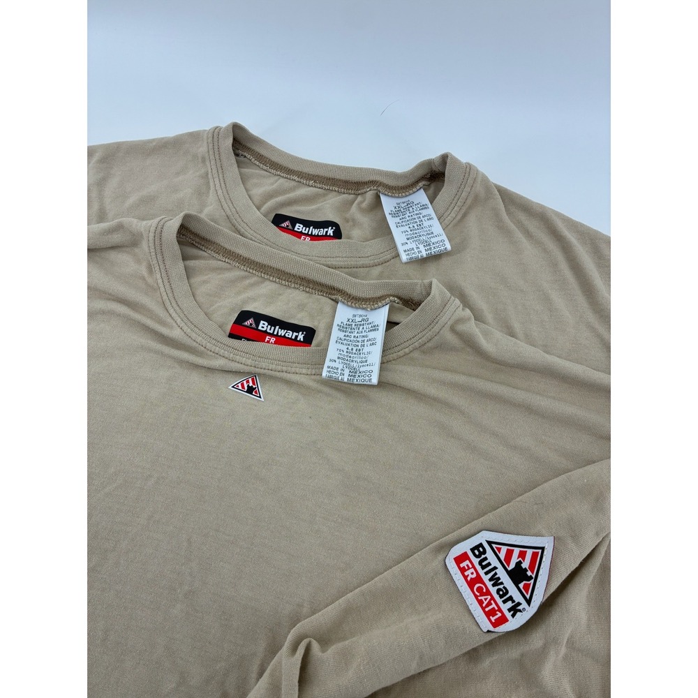 Lot of 2 Bulwark FR Shirt XXL Khaki Tan FR Long Sleeve Pocket T-Shirt CAT1
